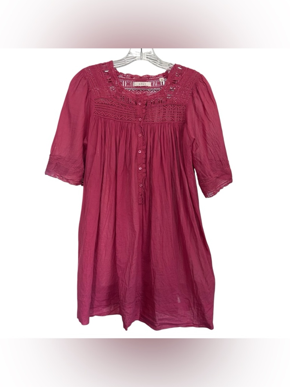 Doen Cotton Short Sleeve Top Lace Trim Button Front Small Pink Cottage Core